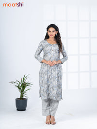 Rayon readymade kurti set grey with allover prints & simple neck pattern and straight cut pant