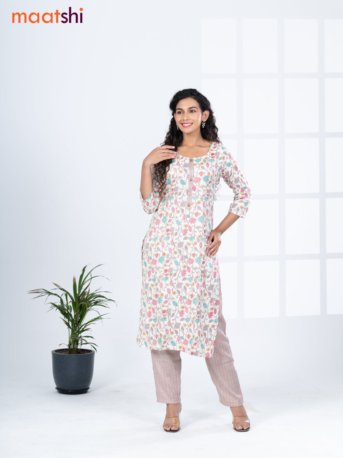 Rayon readymade kurti set off white and multi colour with allover floral prints & simple neck pattern and straight cut pant