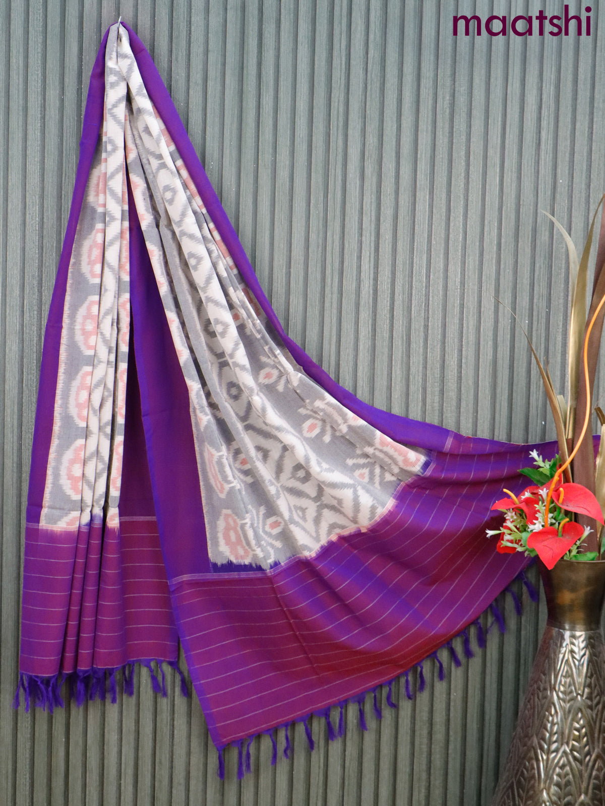 Ikat cotton dupatta grey & off white and purple with allover ikat weaves