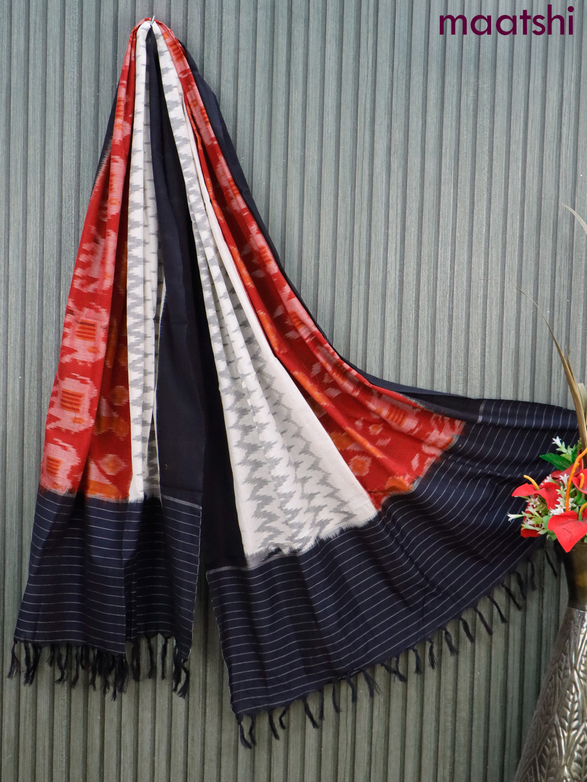 Ikat cotton dupatta red & off white and black with allover ikat weaves