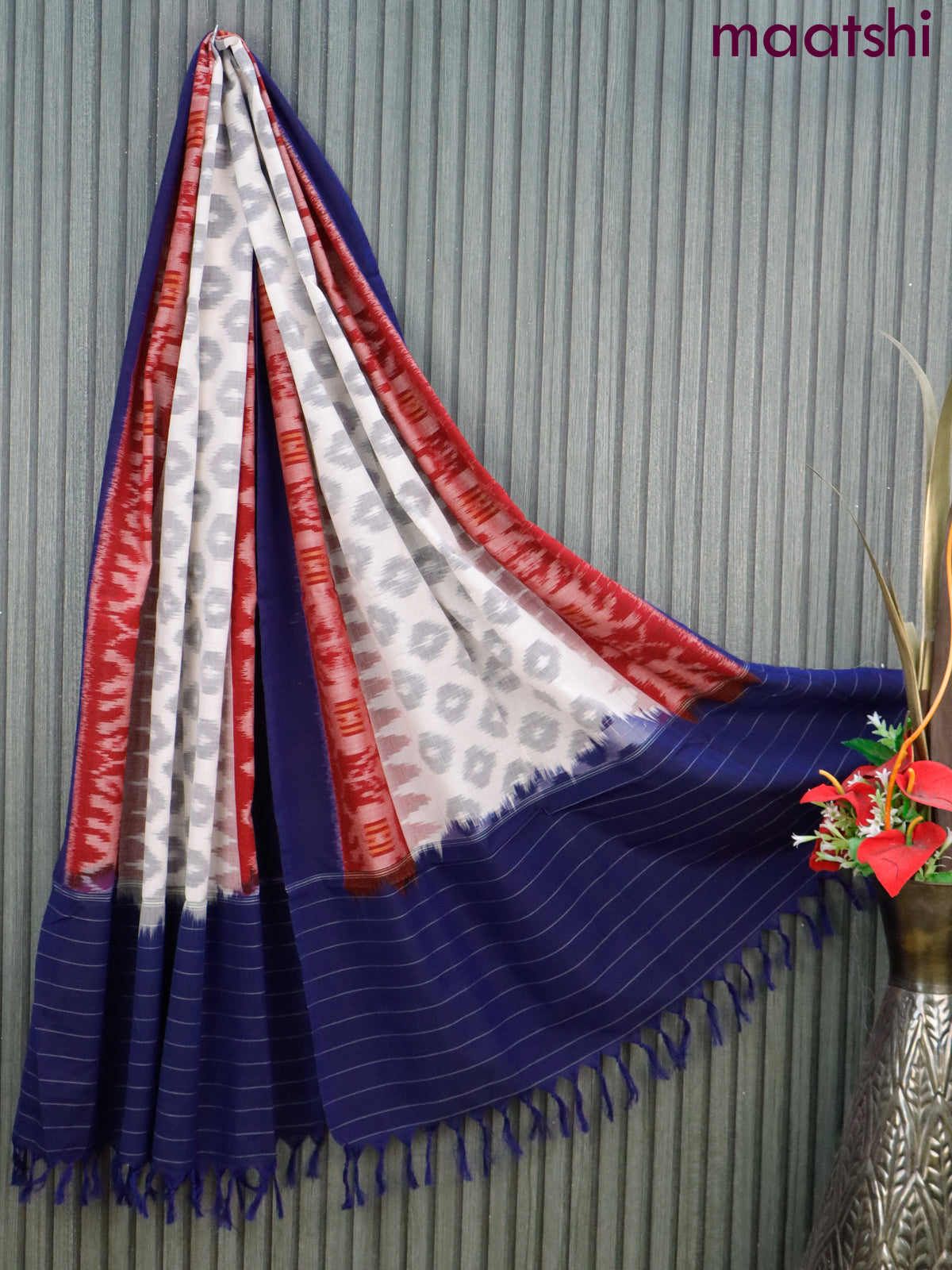 Ikat cotton dupatta off white and red & blue with allover ikat weaves