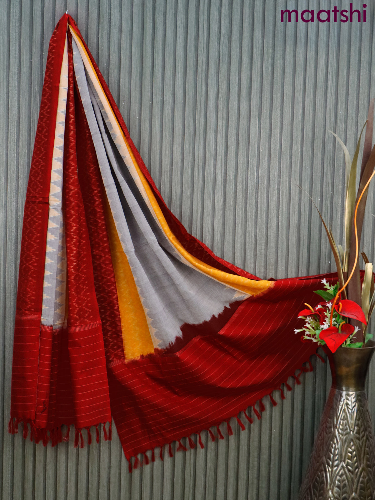 Ikat cotton dupatta grey and yellow & red with allover ikat weaves