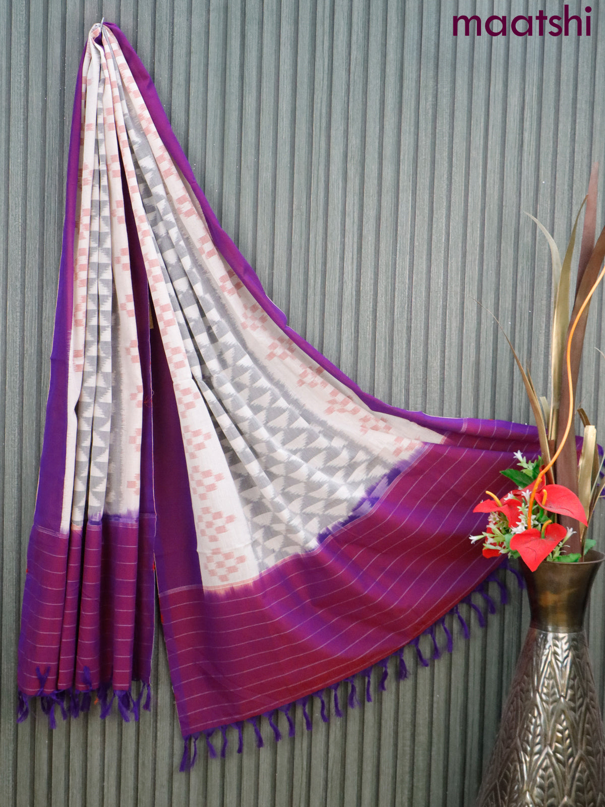 Ikat cotton dupatta grey & off white and purple with allover ikat weaves