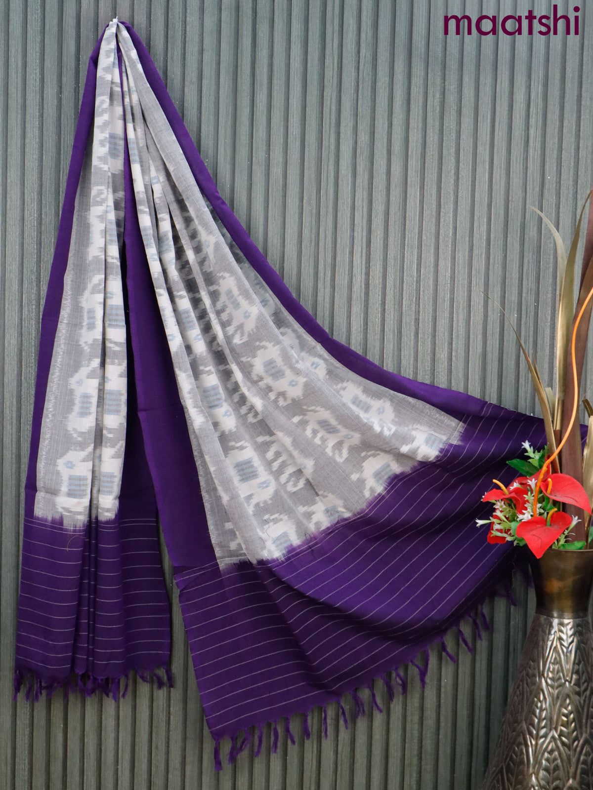 Ikat cotton dupatta off white and violet with allover ikat weaves