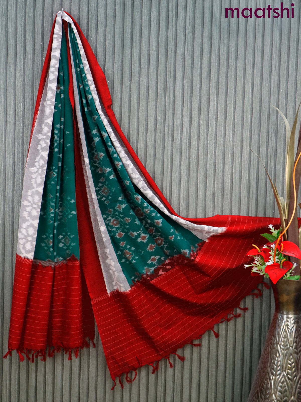 Ikat cotton dupatta green & grey and red with allover ikat weaves