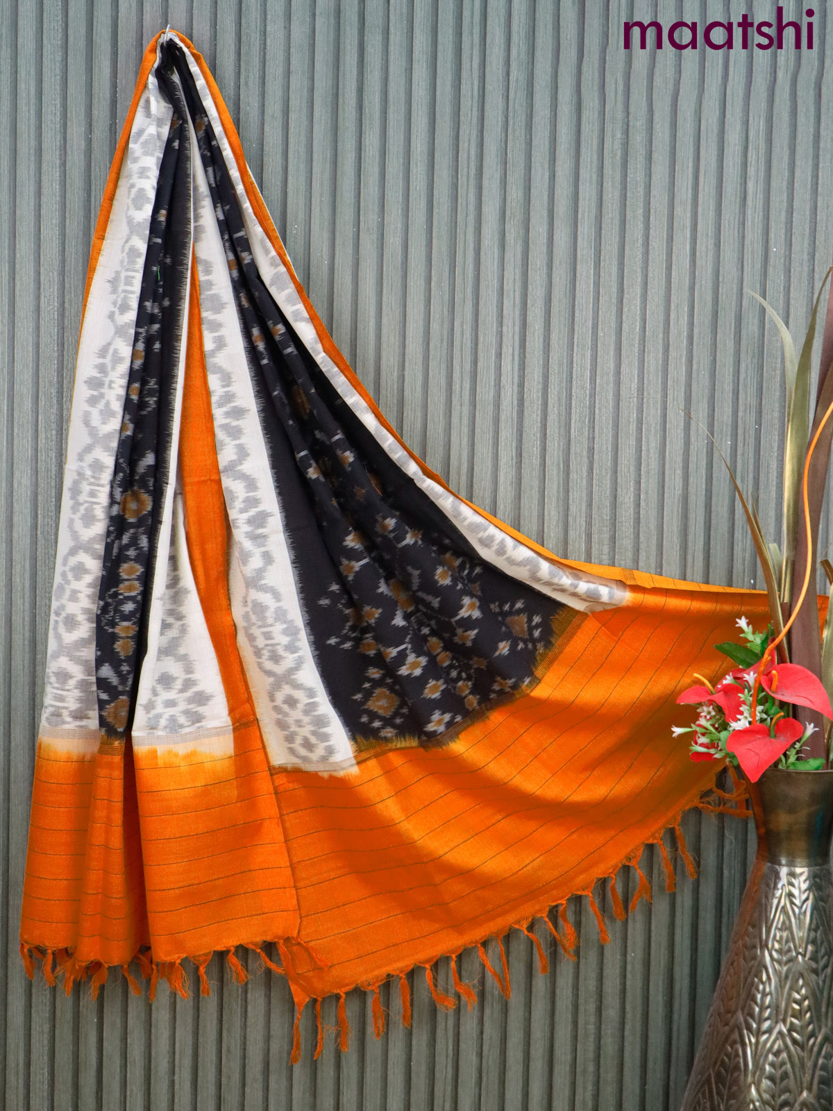 Ikat cotton dupatta black & off white and mango yellow with allover ikat weaves