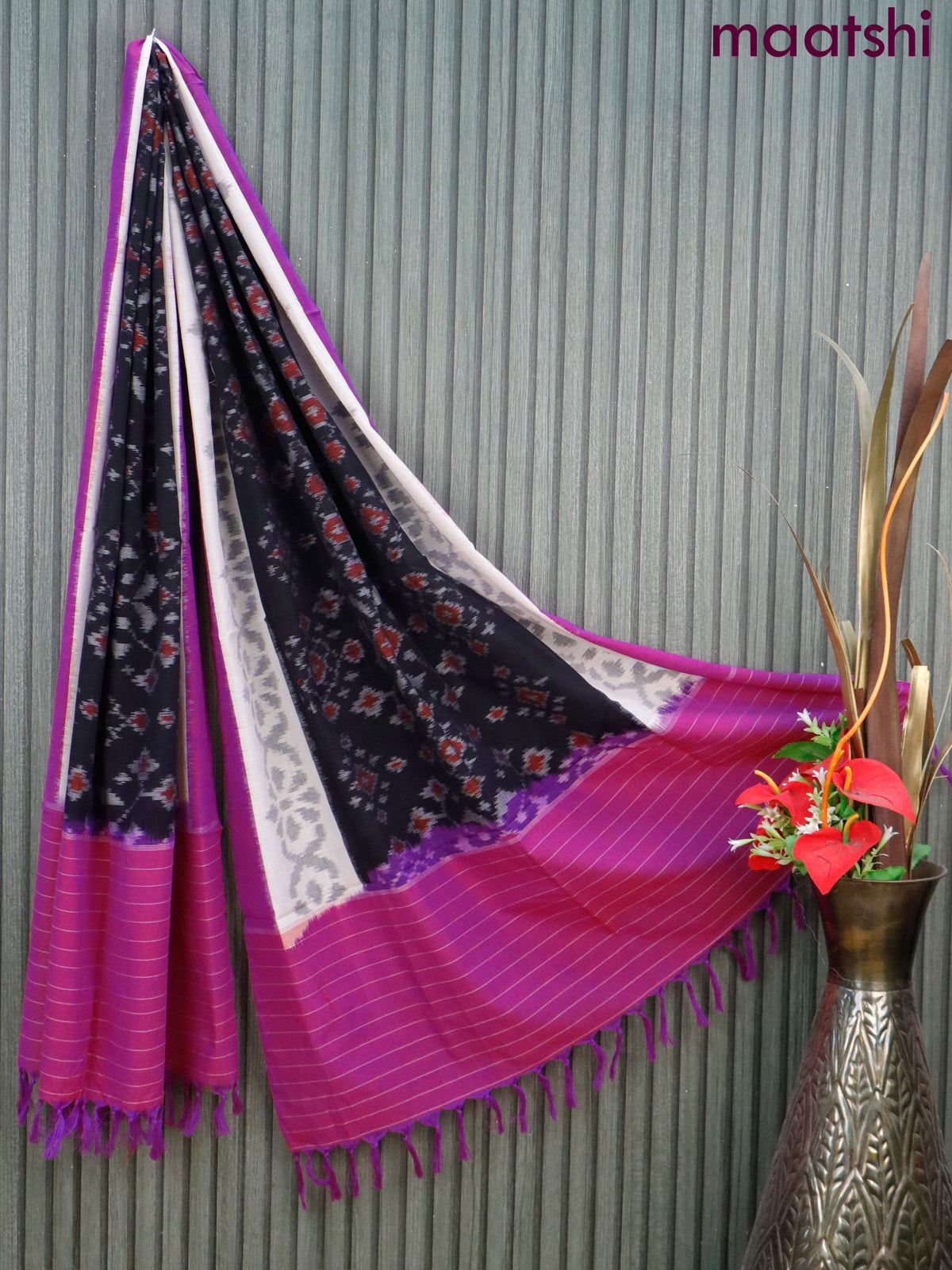 Ikat cotton dupatta black & off white and purple with allover ikat weaves