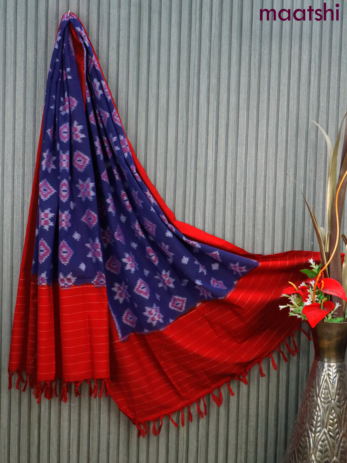 Ikat cotton dupatta blue and red with allover ikat weaves