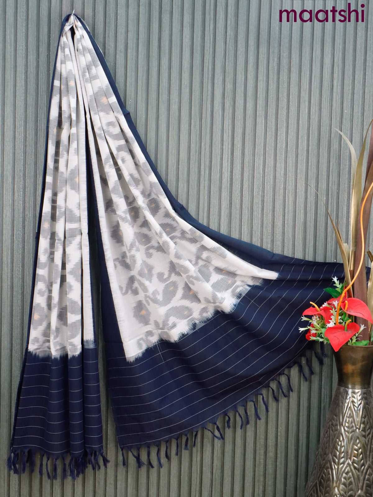 Ikat cotton dupatta off white and navy blue with allover ikat weaves