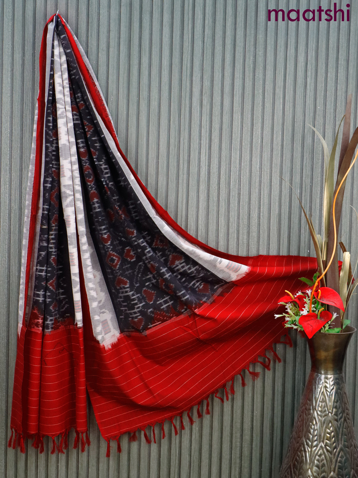 Ikat cotton dupatta black and off white & red with allover ikat weaves