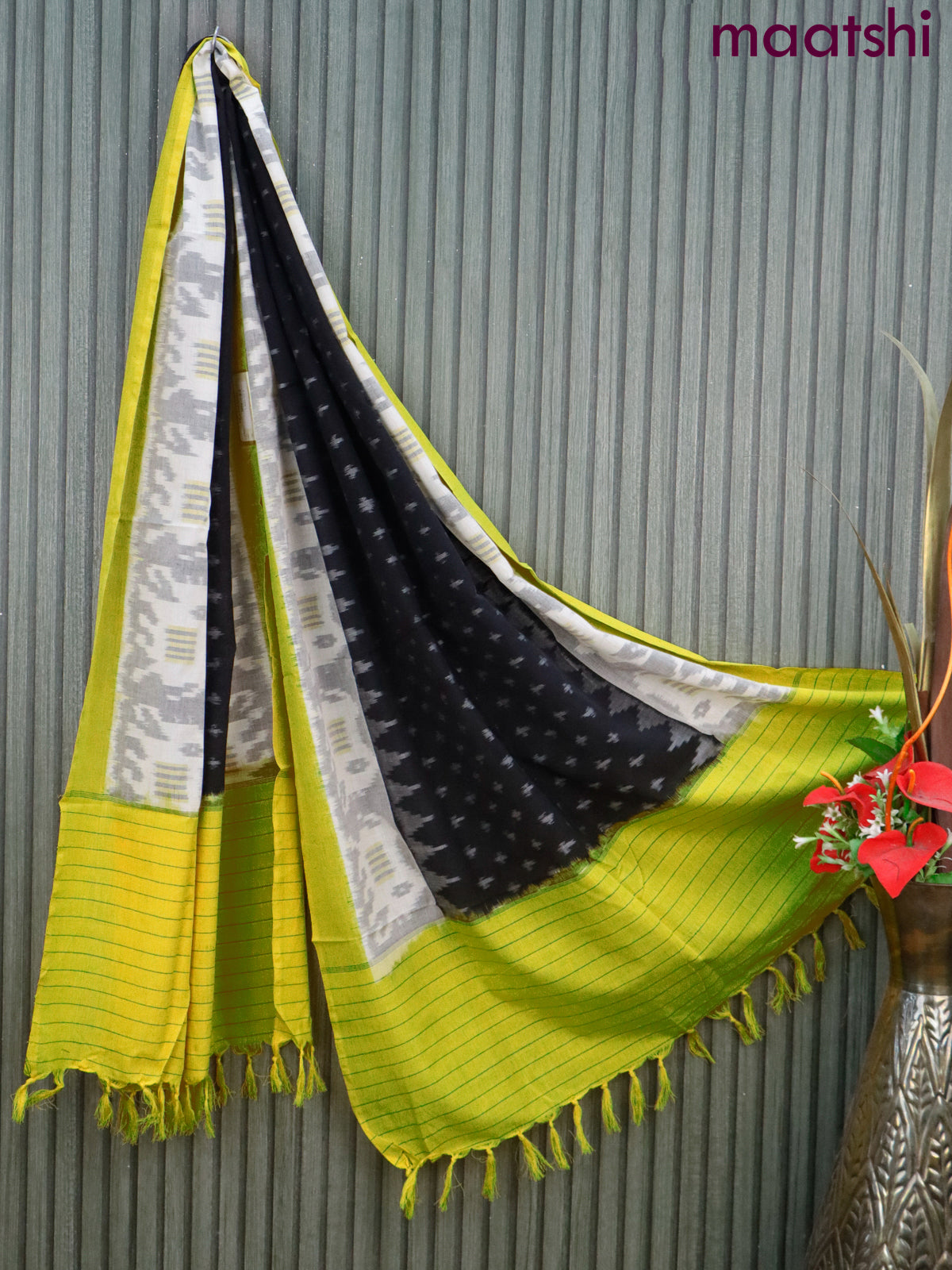 Ikat cotton dupatta black and yellow with allover ikat weaves