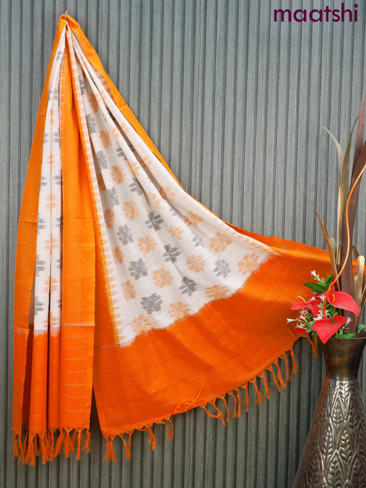 Ikat cotton dupatta off white and mango yellow with allover ikat weaves