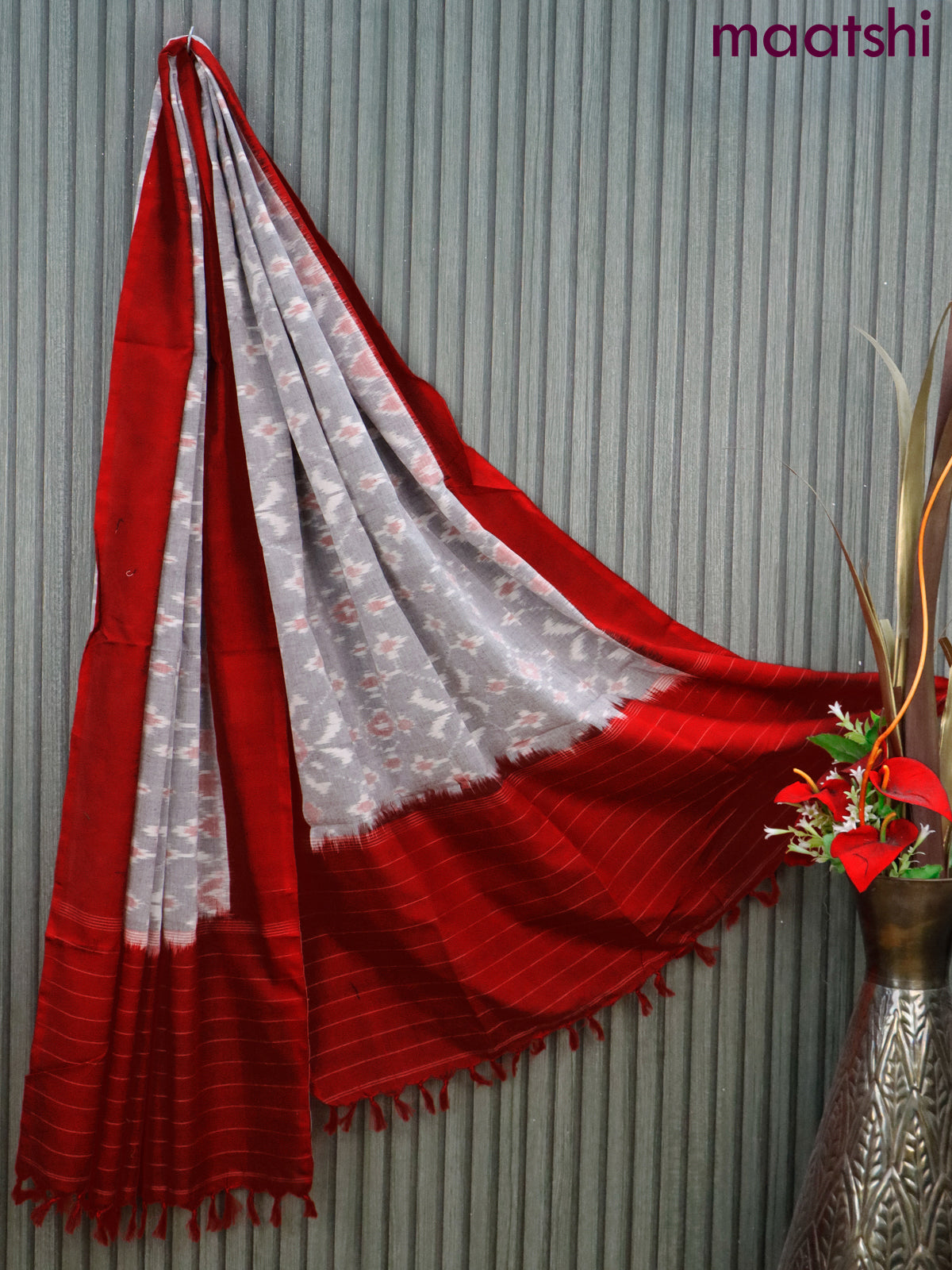 Ikat cotton dupatta grey and red with allover ikat weaves