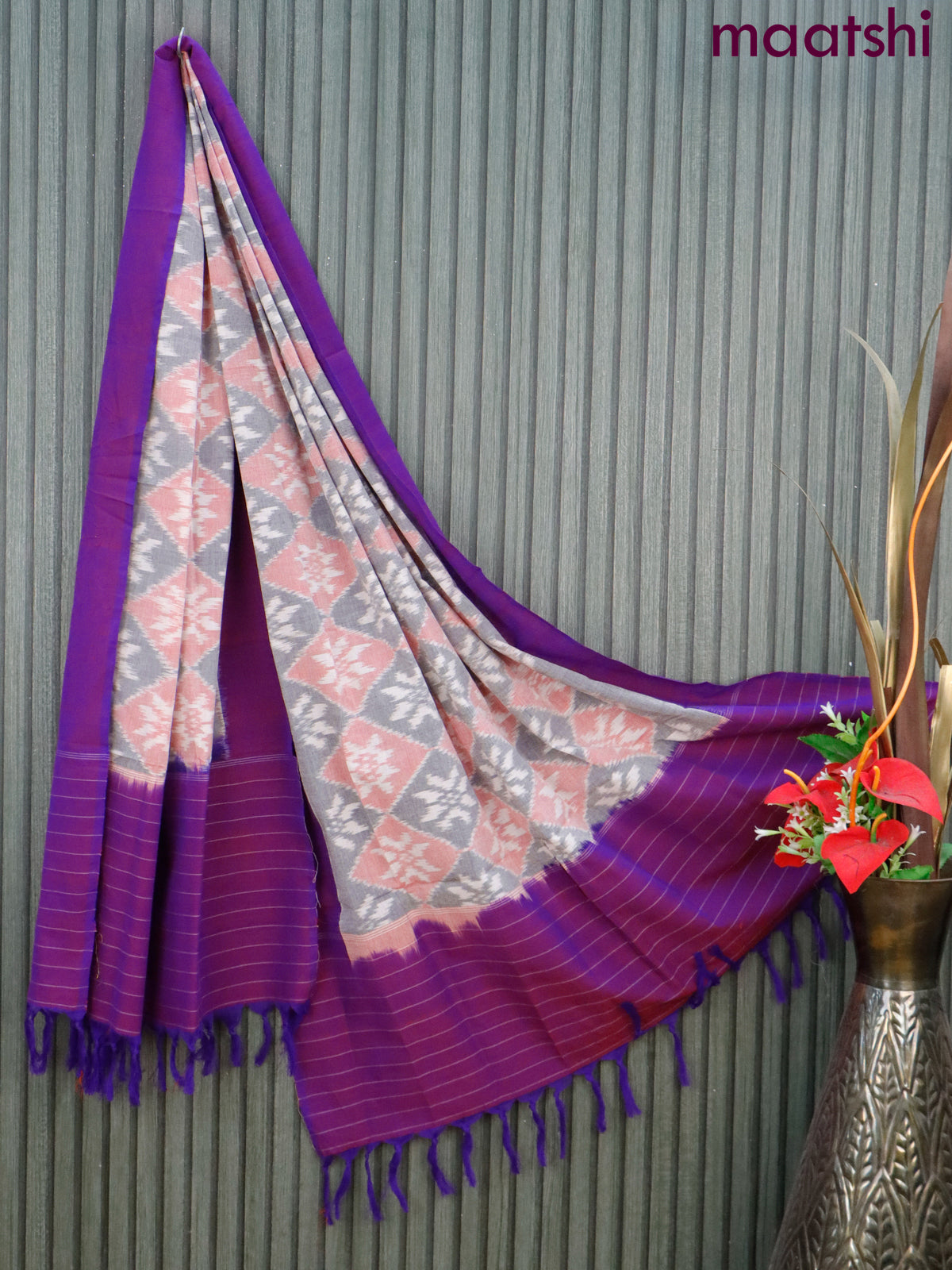 Ikat cotton dupatta grey & pink shade and purple with allover ikat weaves