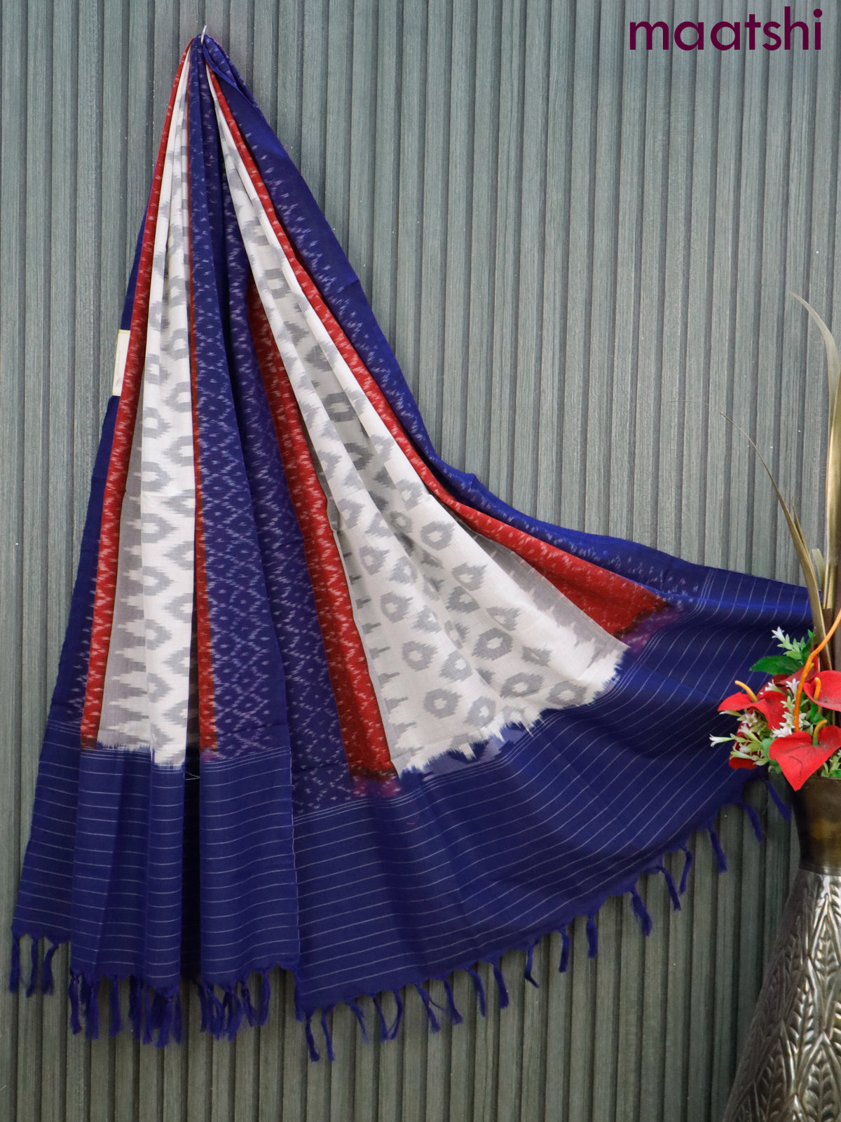 Ikat cotton dupatta off white and red & blue with allover ikat weaves