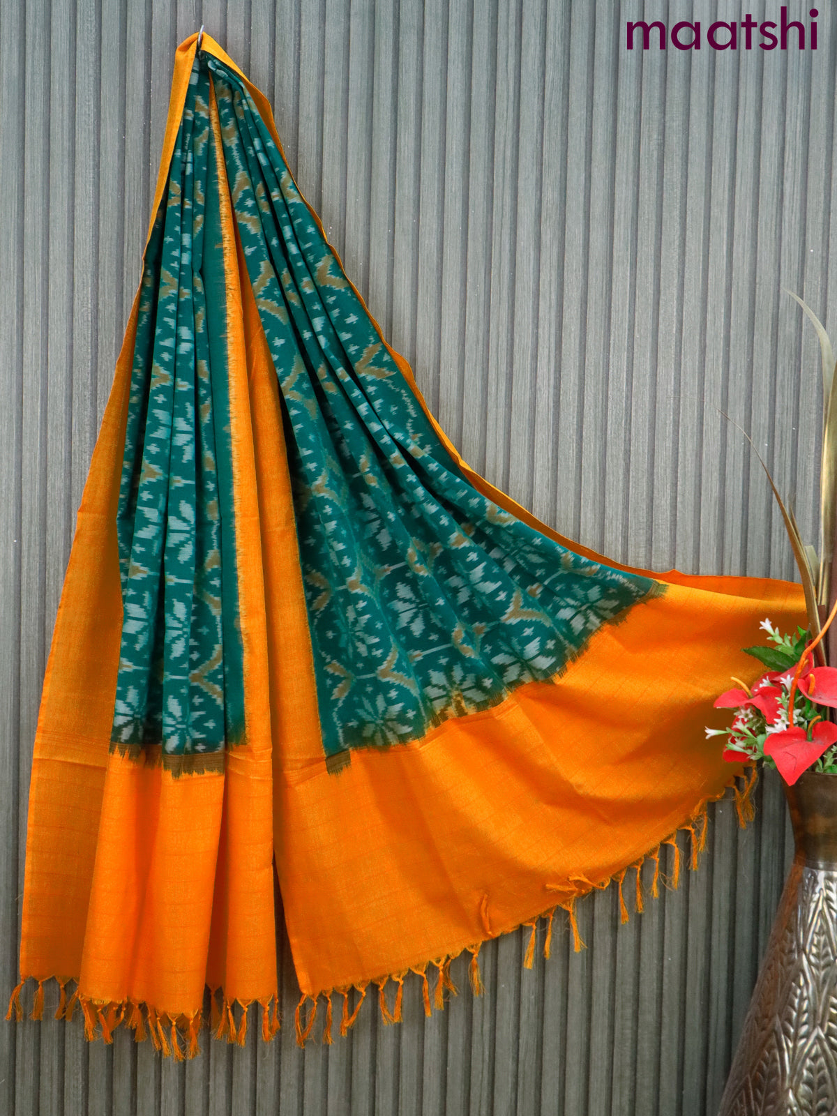 Ikat cotton dupatta green and yellow with allover ikat weaves