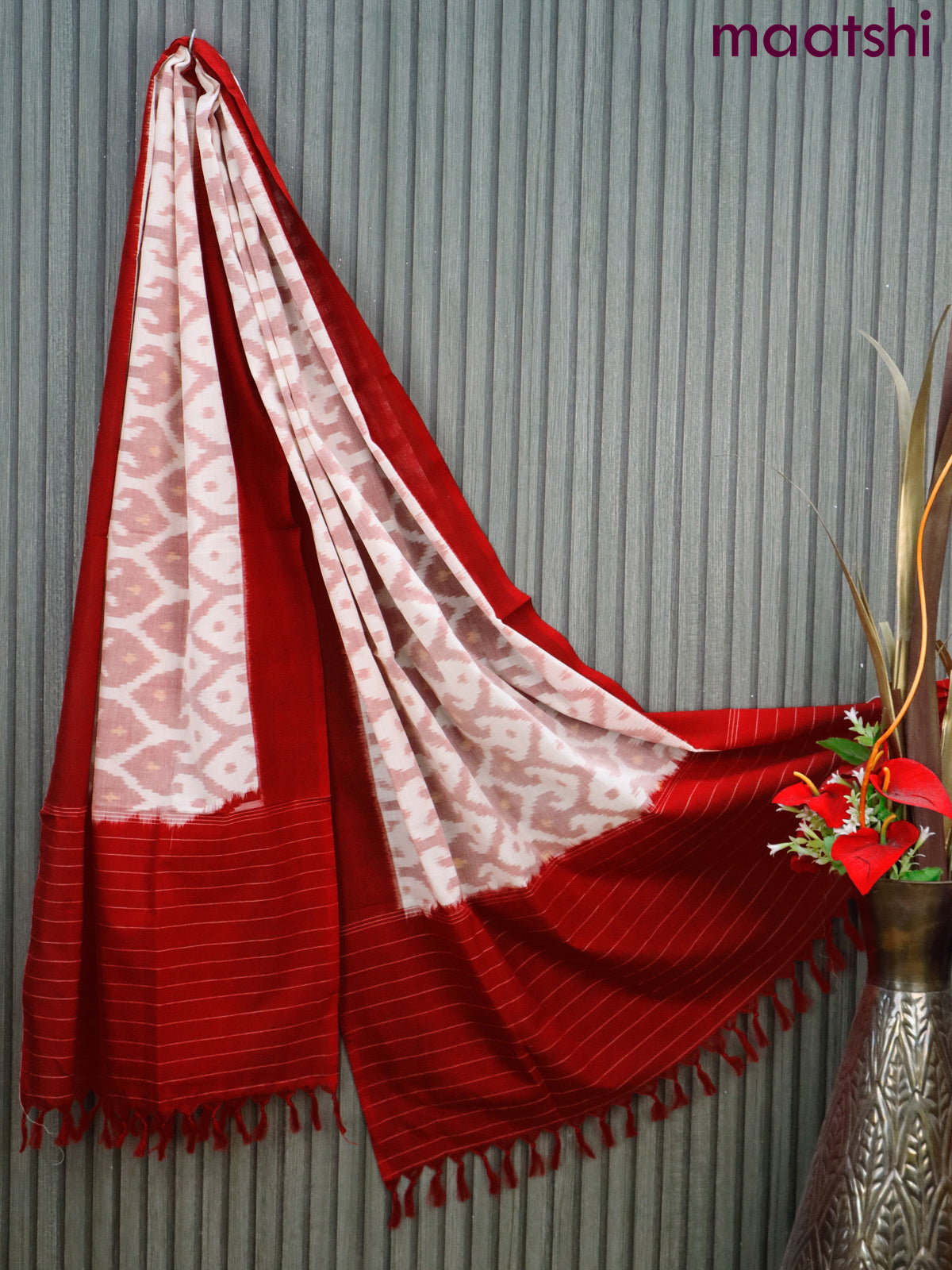 Ikat cotton dupatta off white and red with allover ikat weaves