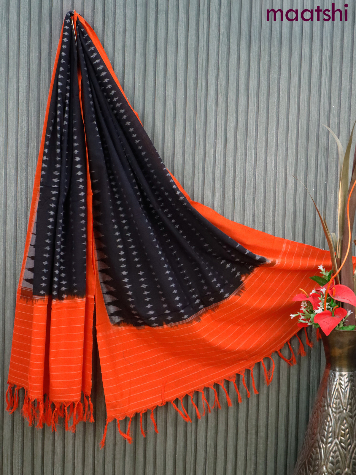 Ikat cotton dupatta black and orange with allover ikat weaves