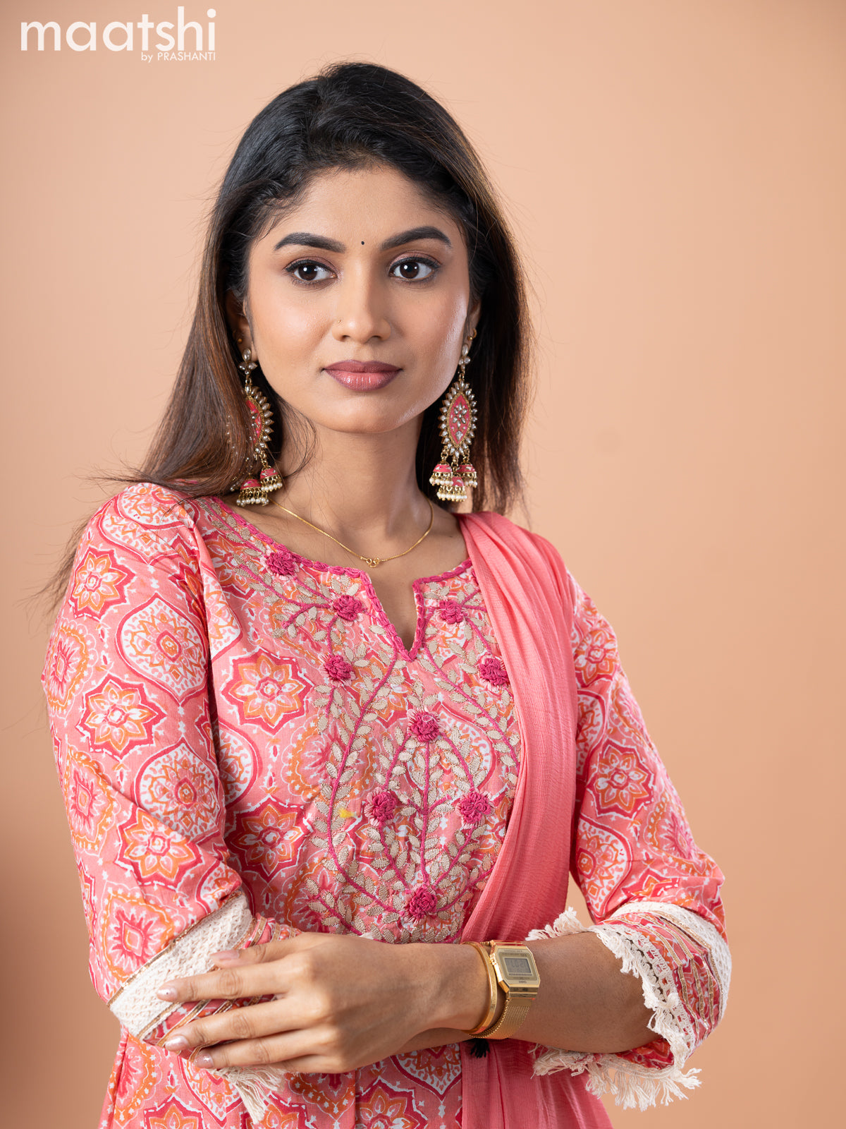 Cotton salwar suit peach pink pink with allover ajrakh prints & embroidery work neck pattern and straight cut pant & printed dupatta