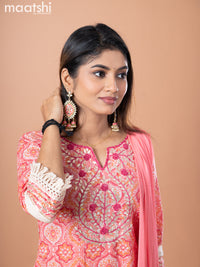 Cotton salwar suit peach pink pink with allover ajrakh prints & embroidery work neck pattern and straight cut pant & printed dupatta