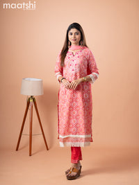 Cotton salwar suit peach pink pink with allover ajrakh prints & embroidery work neck pattern and straight cut pant & printed dupatta