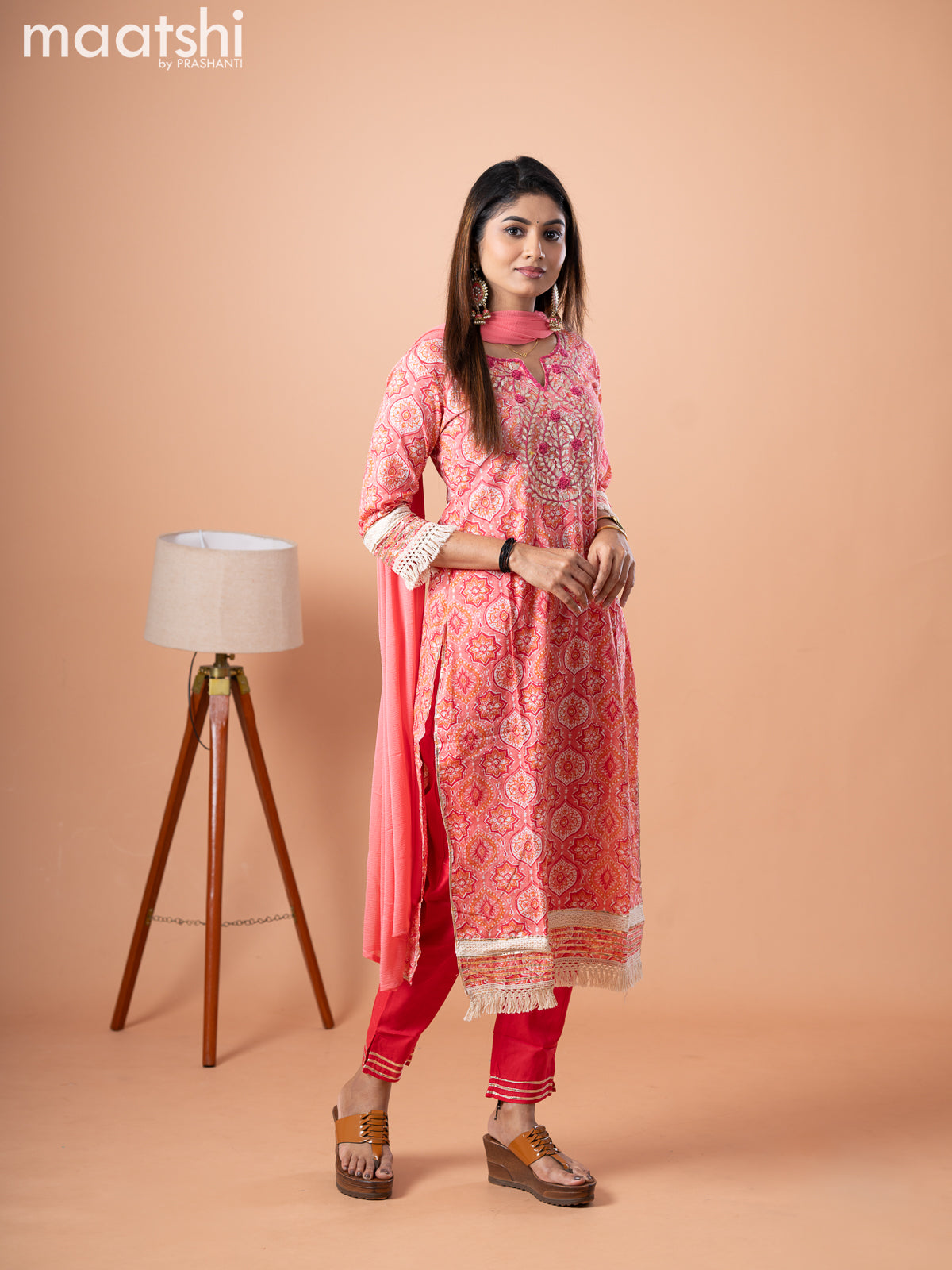 Cotton salwar suit peach pink pink with allover ajrakh prints & embroidery work neck pattern and straight cut pant & printed dupatta