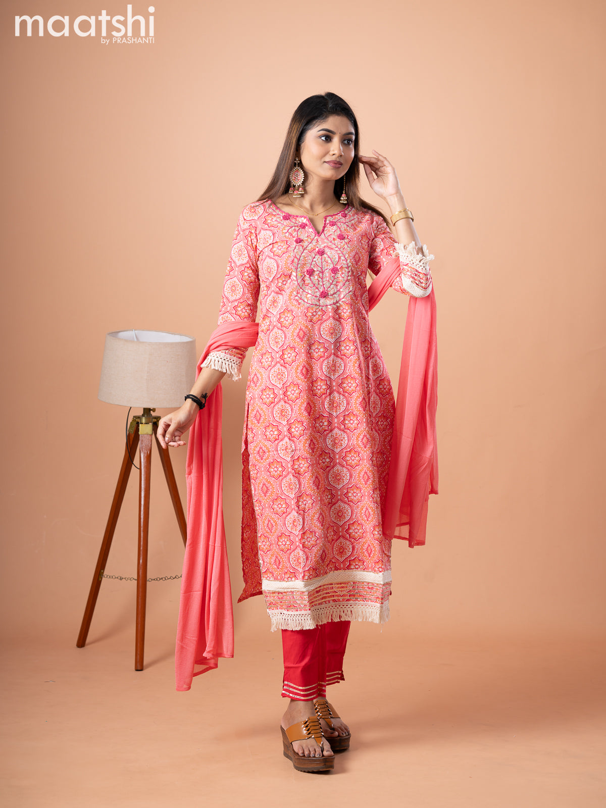 Cotton salwar suit peach pink pink with allover ajrakh prints & embroidery work neck pattern and straight cut pant & printed dupatta