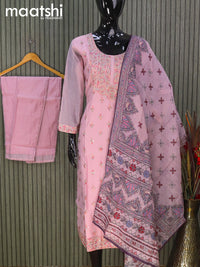 Chanderi readymade salwar suits mauve pink with allover sequin work & sequin work neck pattern and straight cut pant & printed dupatta