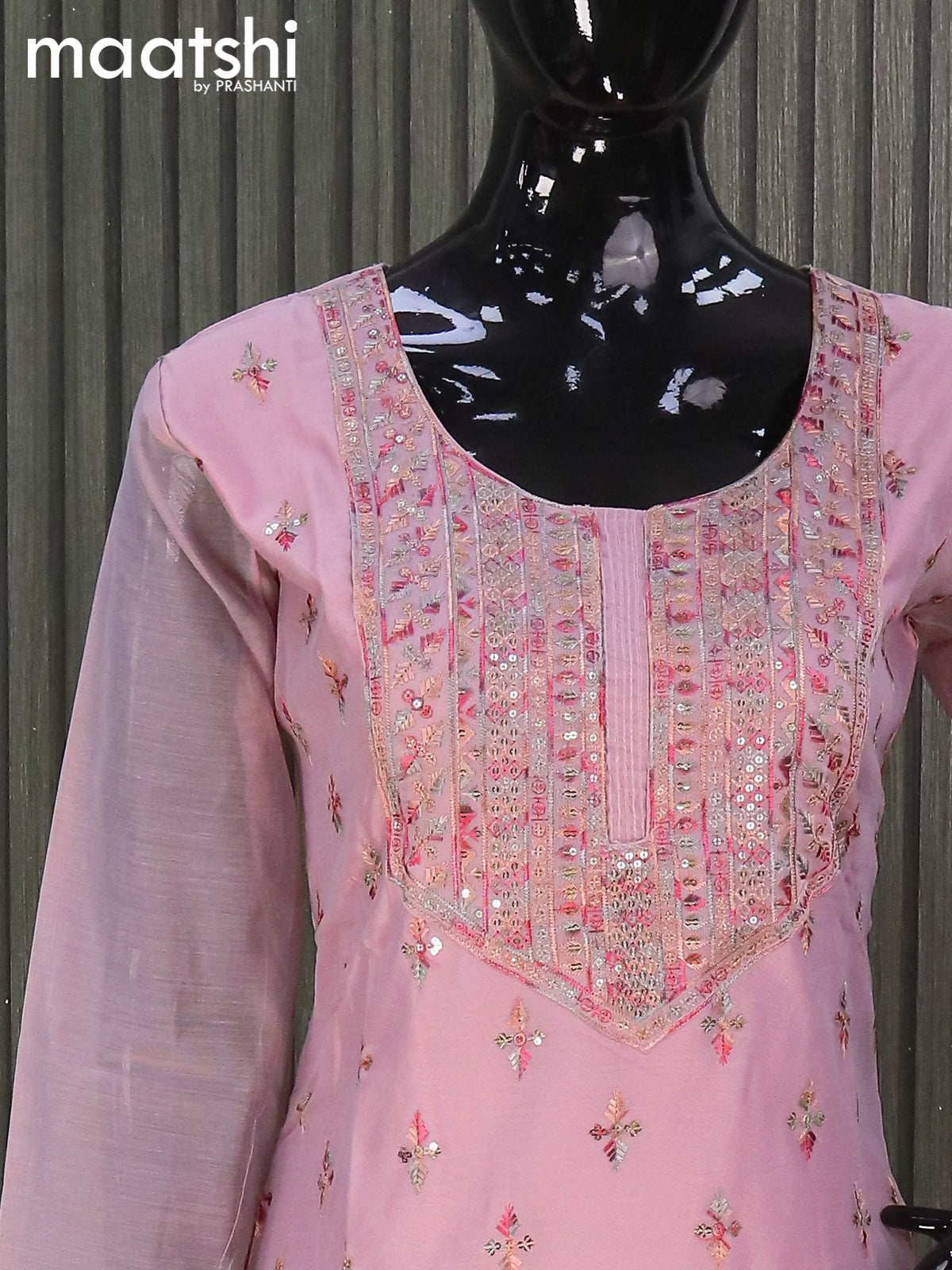 Chanderi readymade salwar suits mauve pink with allover sequin work & sequin work neck pattern and straight cut pant & printed dupatta