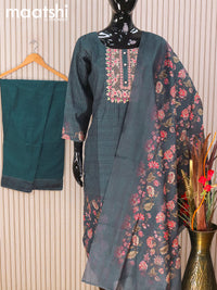 Chanderi readymade salwar suits dark grey peacock blue with allover sequin work & embroidery work neck pattern and straight cut pant & printed dupatta