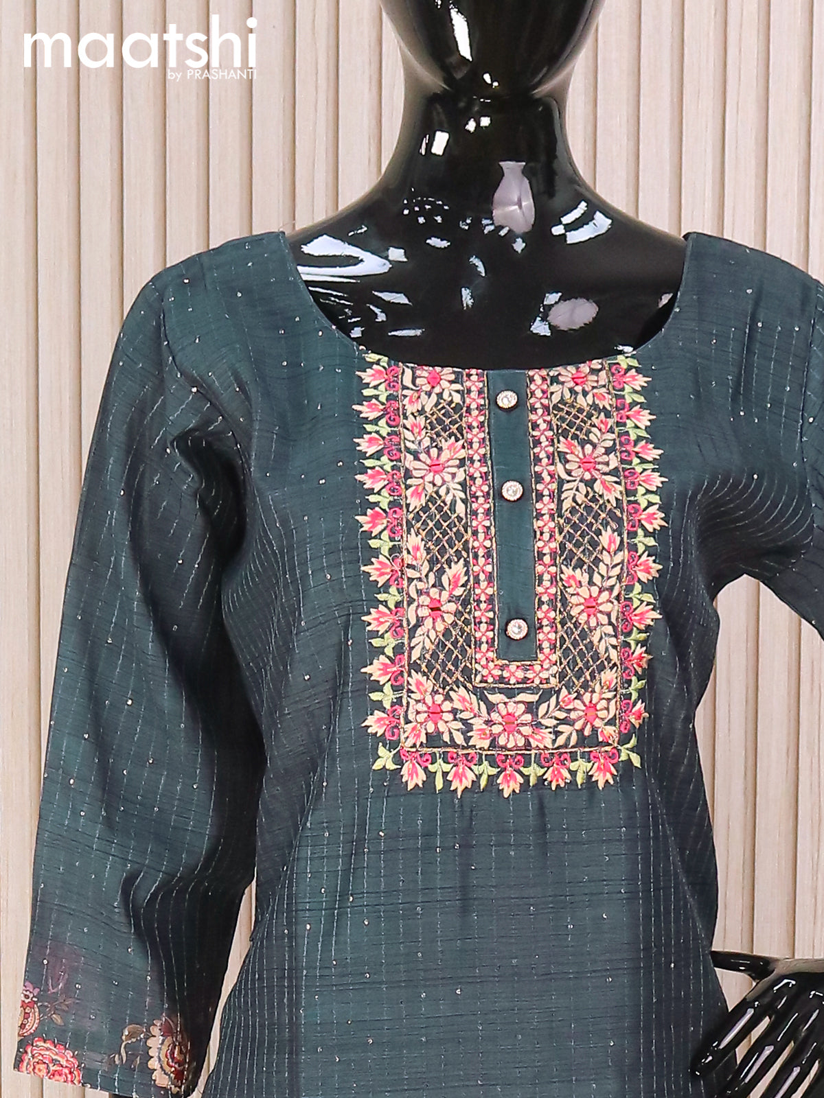 Chanderi readymade salwar suits dark grey peacock blue with allover sequin work & embroidery work neck pattern and straight cut pant & printed dupatta