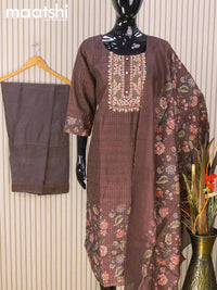 Chanderi readymade salwar suits rosy brown with allover sequin work & embroidery work neck pattern and straight cut pant & printed dupatta