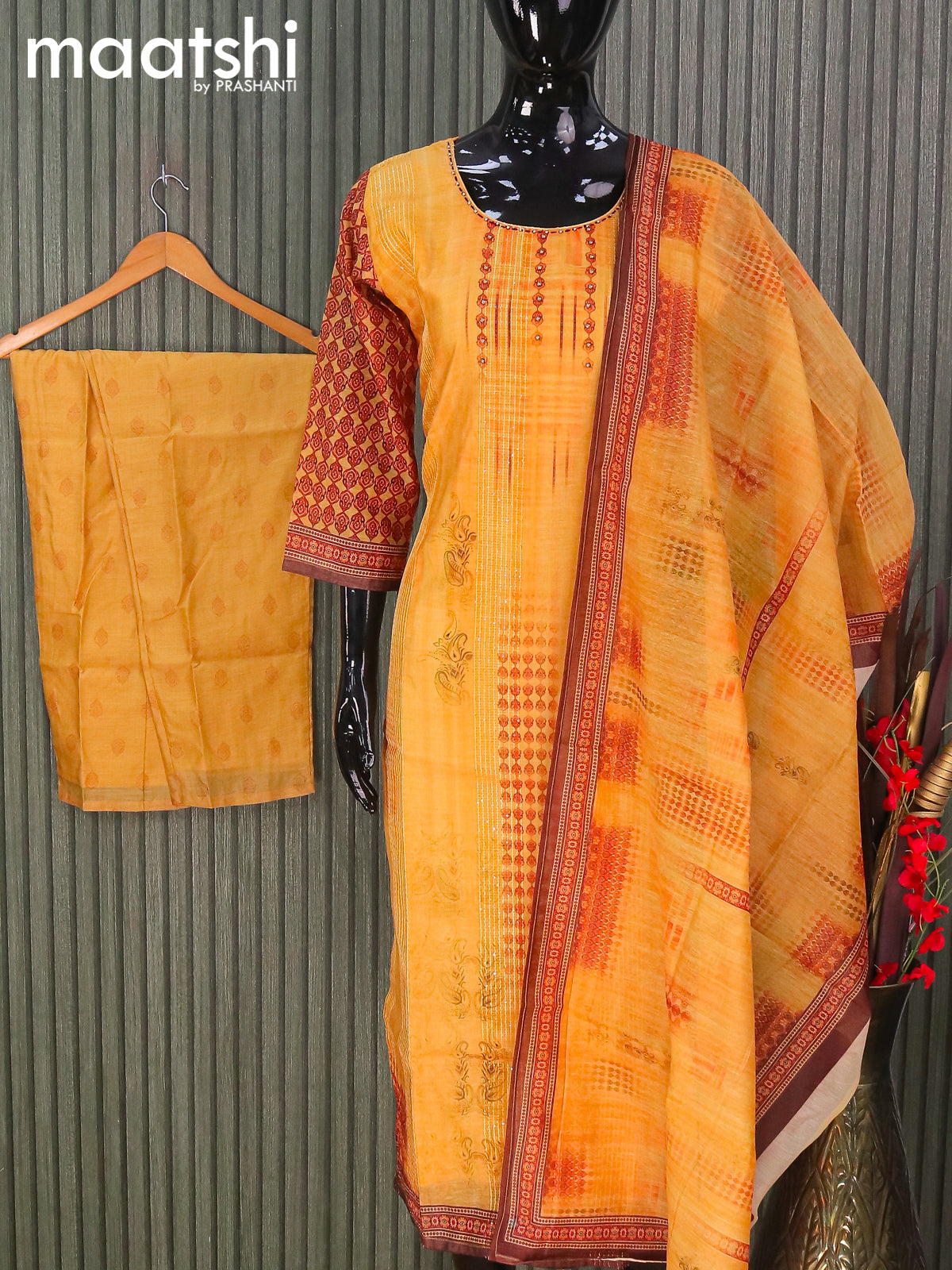 Chanderi readymade salwar suits mustard yellow with sequin work & beaded work neck pattern and straight cut pant & printed dupatta