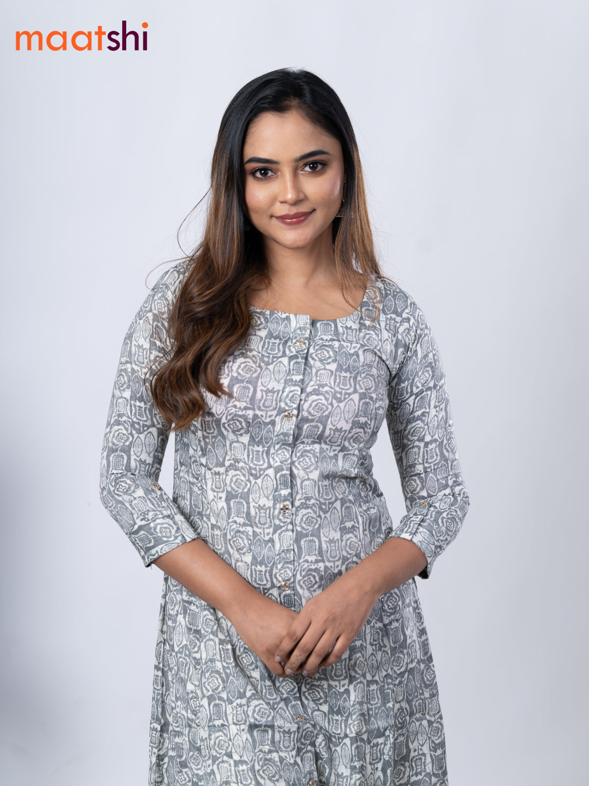 Rayon A -line kurti grey with allover prints and without pant