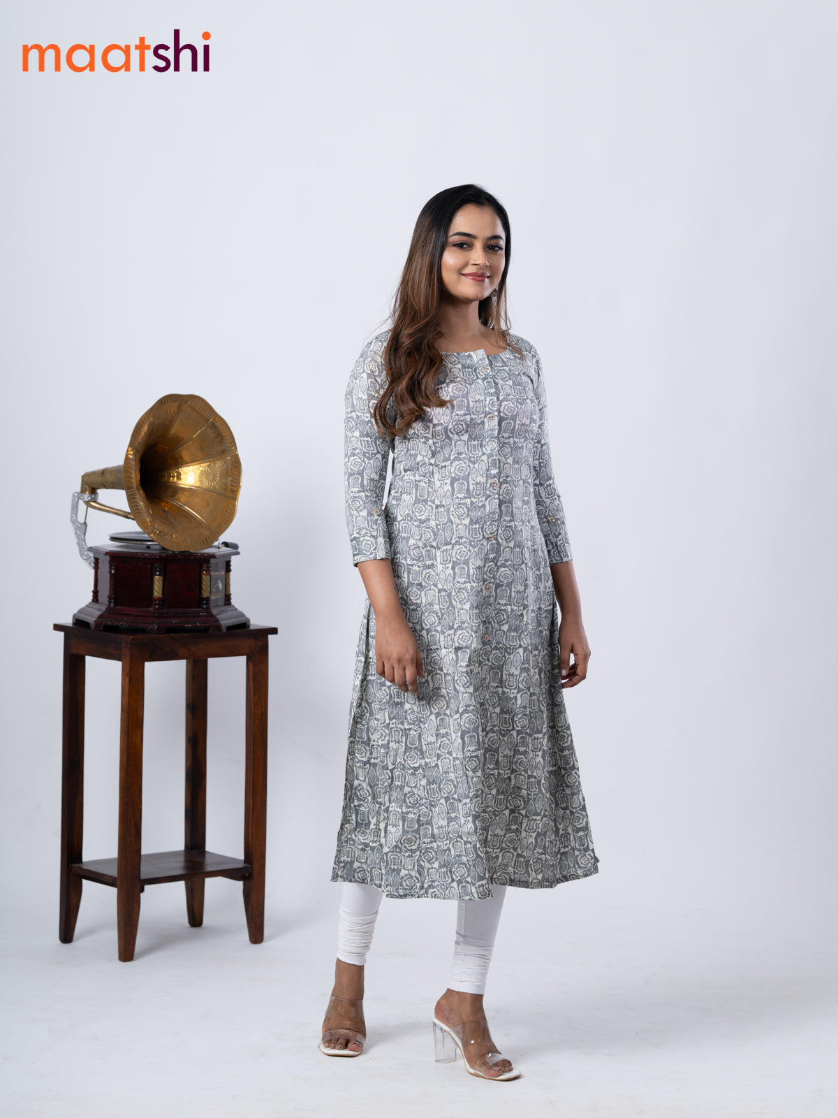 Rayon A -line kurti grey with allover prints and without pant