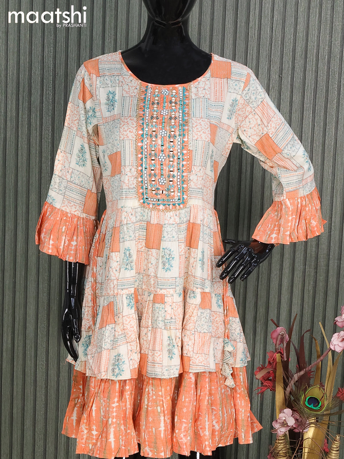 Rayon readymade short umbrella kurti cream and orange with allover prints & mirror embroidery work neck pattern and without pant