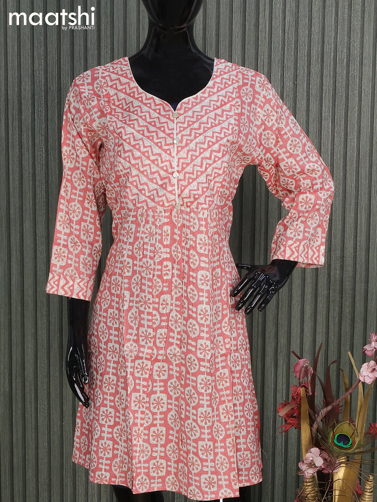 Rayon readymade short umbrella kurti off white and pink with allover batik prints & simple neck pattern and without pant
