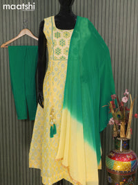 Raw silk readymade anarkali salwar suits pale yellow and teal green with allover prints & sequin work neck pattern and straight cut pant & chiffon dupatta- Sleeve attached