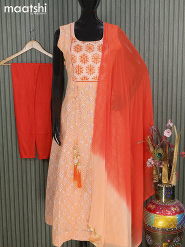 Raw silk readymade anarkali salwar suits pale orange and dark orange with allover prints & sequin work neck pattern and straight cut pant & chiffon dupatta- Sleeve attached