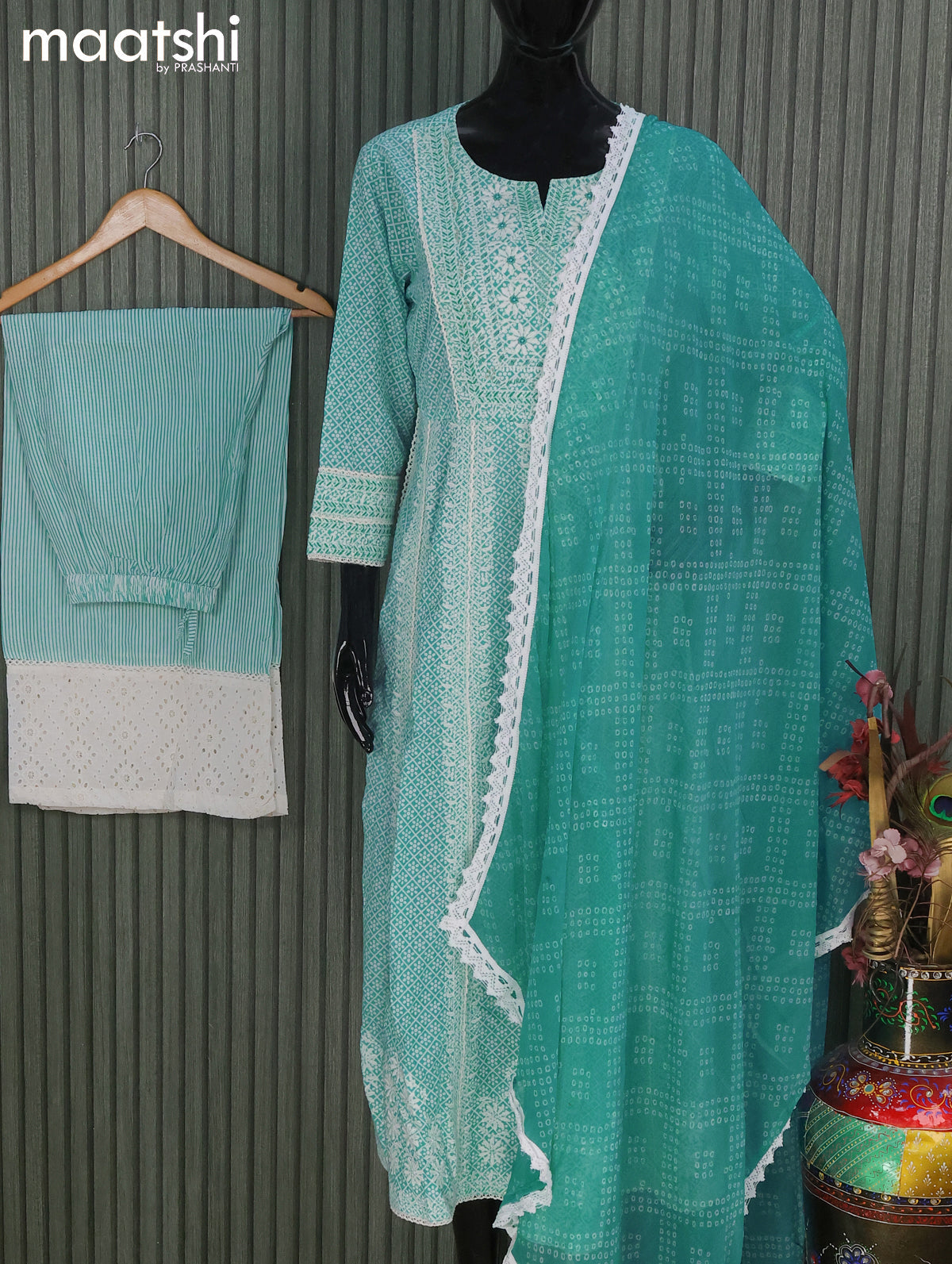 Cotton readymade salwar suits teal blue and with allover prints & beaded embroidery work neck pattern and palazzo pant & bandhani prints dupatta