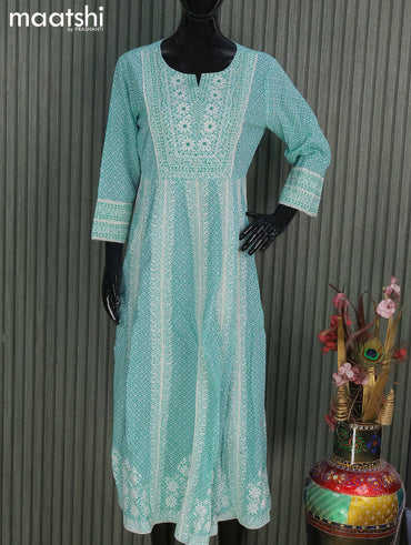 Cotton readymade salwar suits teal blue and with allover prints & beaded embroidery work neck pattern and palazzo pant & bandhani prints dupatta