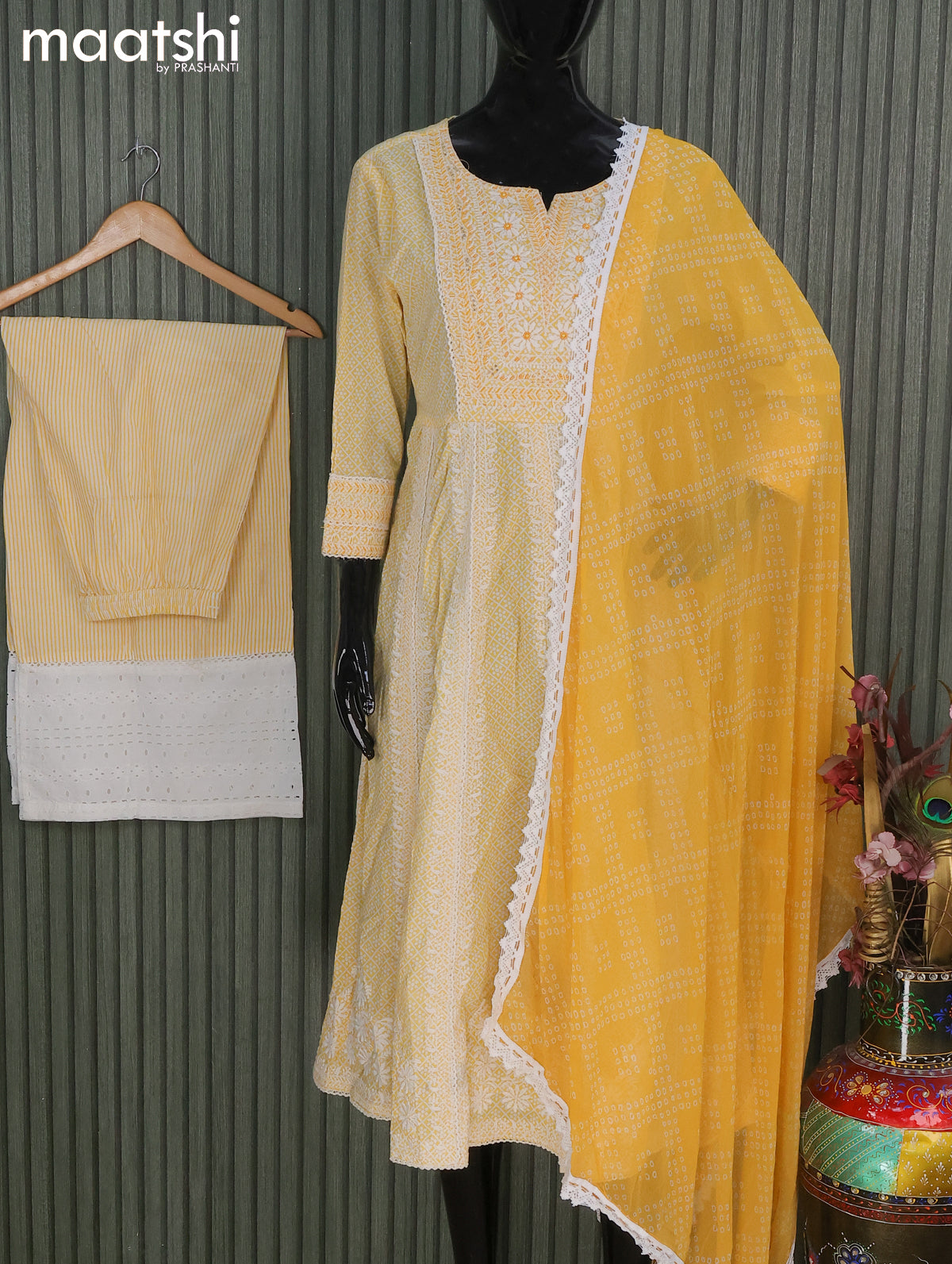 Cotton readymade salwar suits pale yellow and with allover prints & beaded embroidery work neck pattern and palazzo pant & bandhani prints dupatta