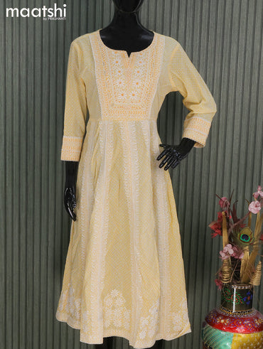 Cotton readymade salwar suits pale yellow and with allover prints & beaded embroidery work neck pattern and palazzo pant & bandhani prints dupatta