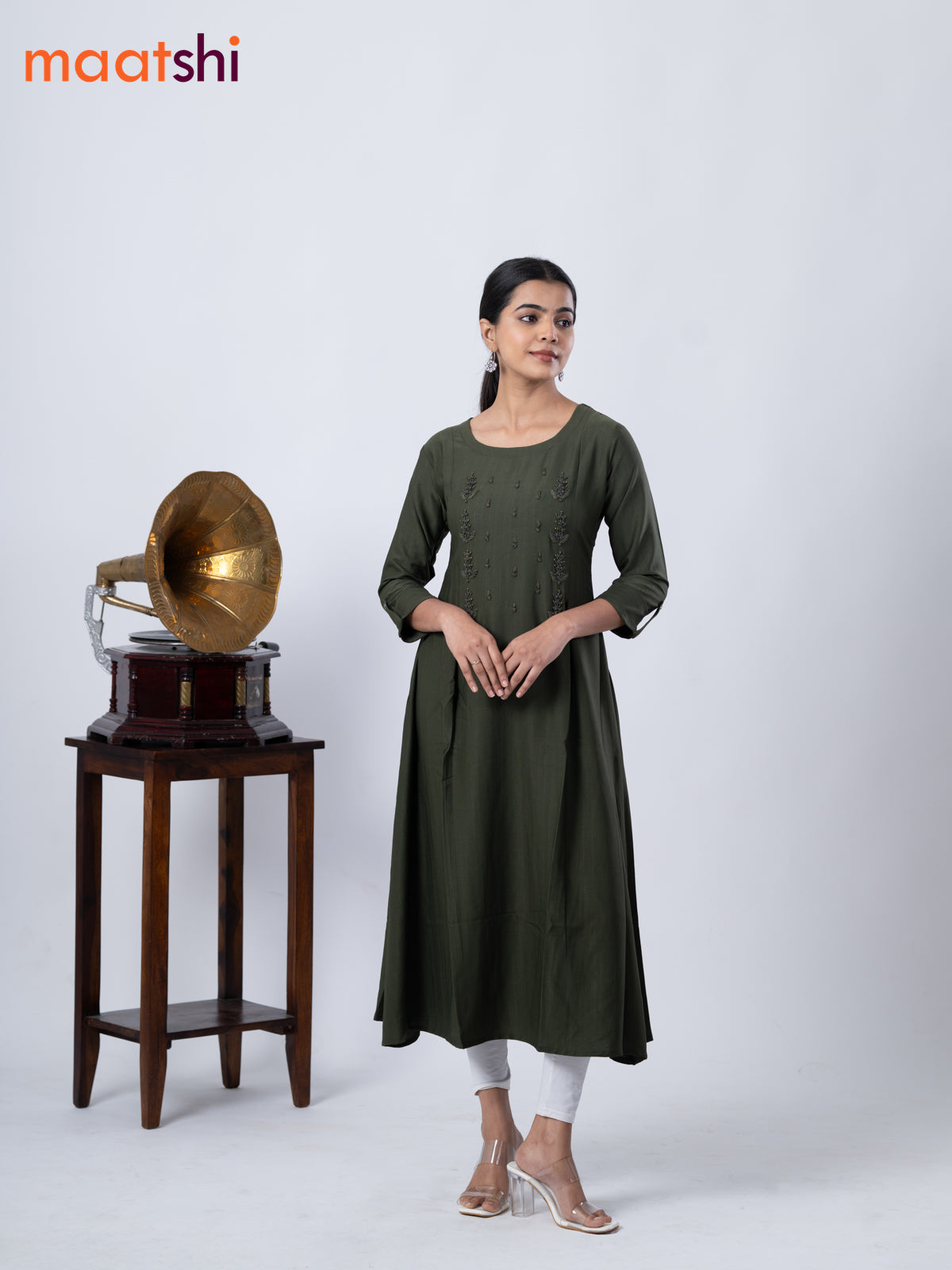 Rayon A-line kurti sap green and with beaded embroidery work neck pattern and without pant