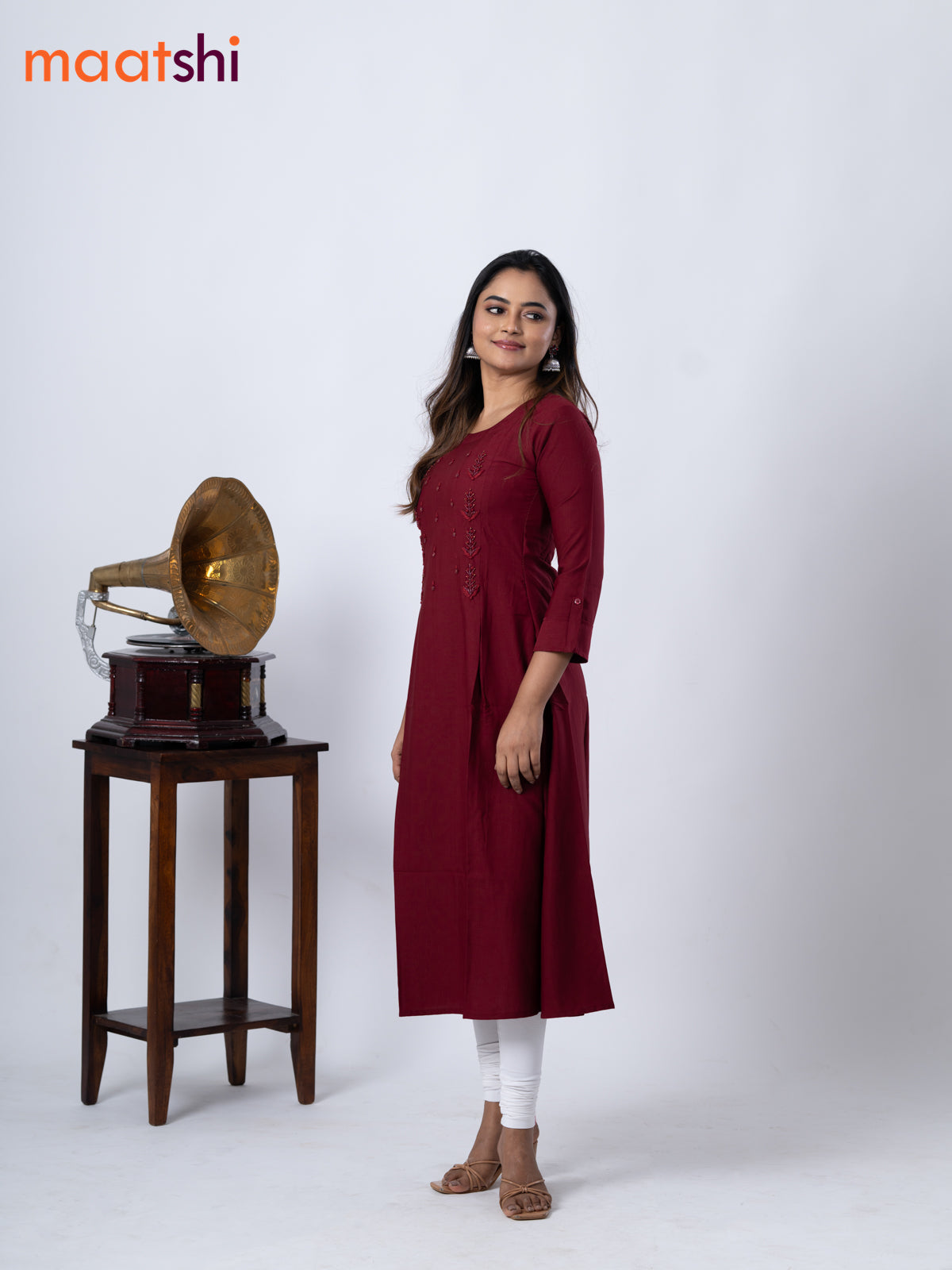 Rayon A-line kurti maroon and with beaded embroidery work neck pattern and without pant