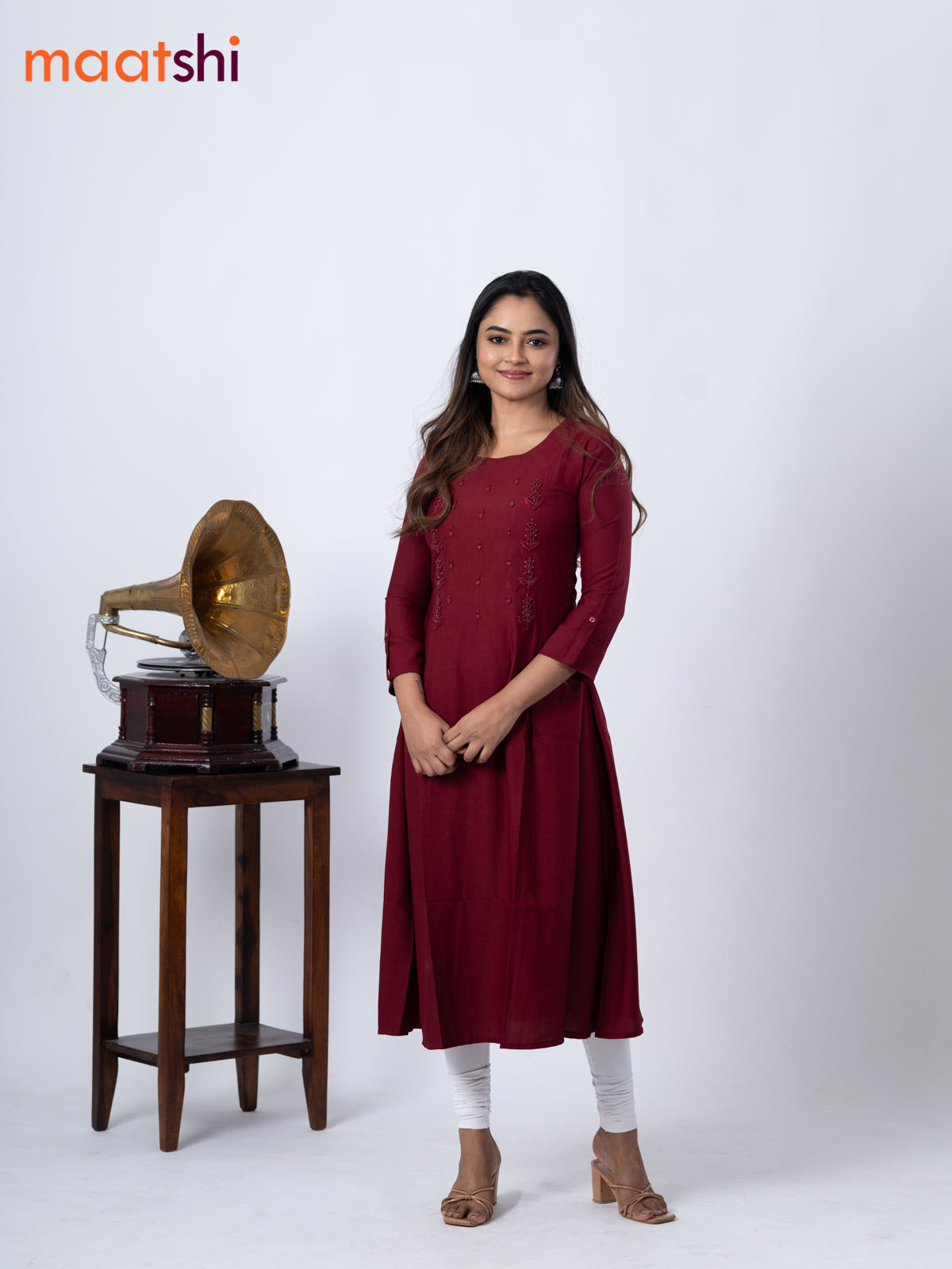 Rayon A-line kurti maroon and with beaded embroidery work neck pattern and without pant