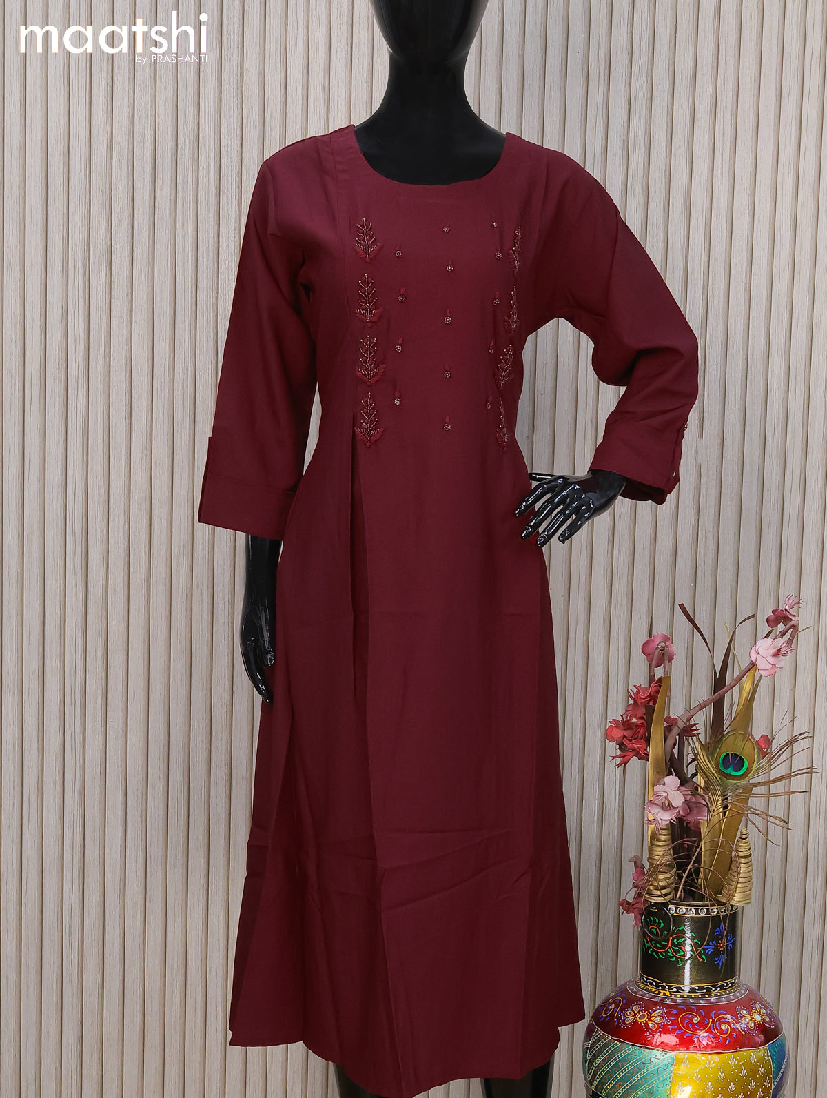 Rayon readymade A-line kurti maroon and with beaded embroidery work neck pattern and without pant