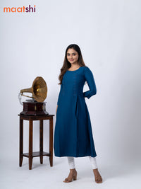 Rayon A-line kurti peacock blue and with beaded embroidery work neck pattern and without pant