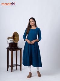 Rayon A-line kurti peacock blue and with beaded embroidery work neck pattern and without pant