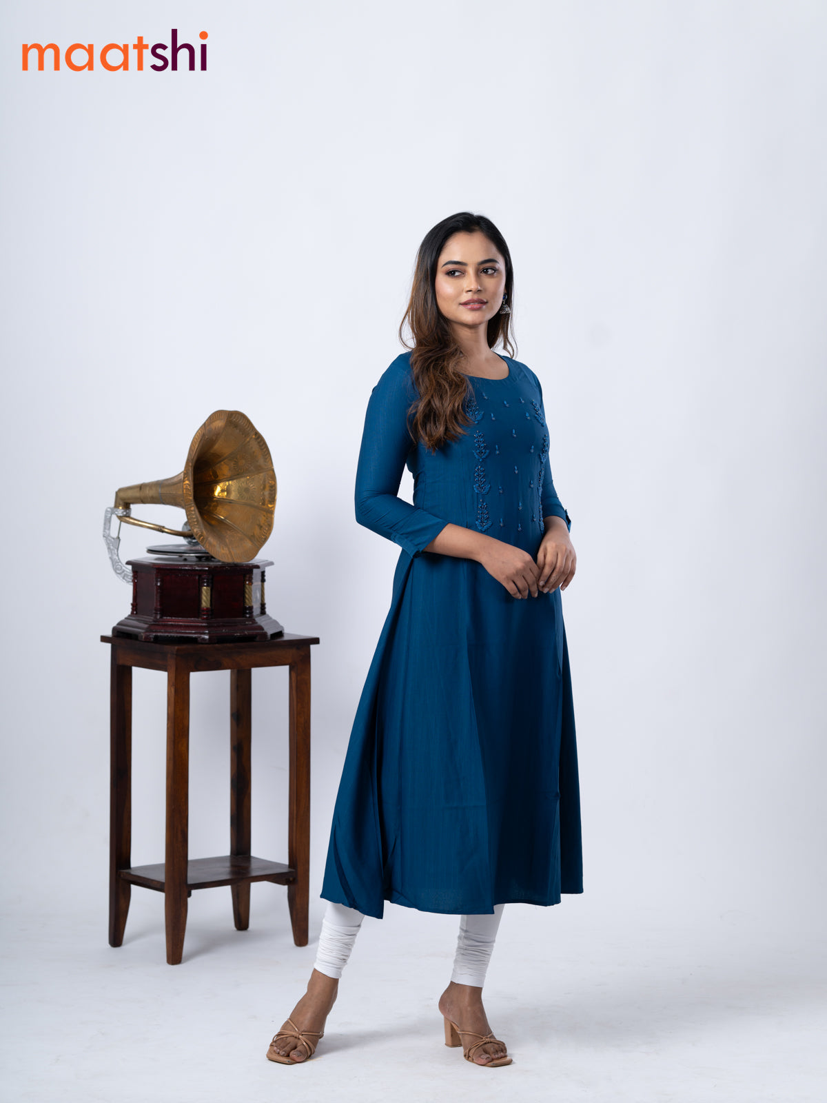 Rayon A-line kurti peacock blue and with beaded embroidery work neck pattern and without pant